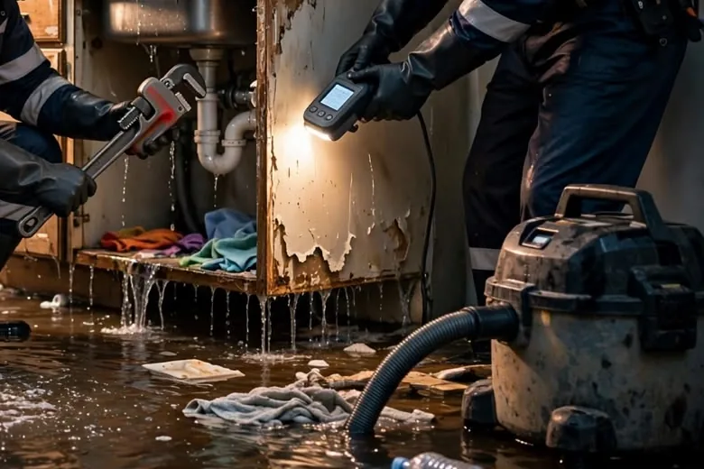 Handheld meter and wet vacuum Gloved worker holding a handheld meter beside a wet vacuum on a flooded kitchen floor