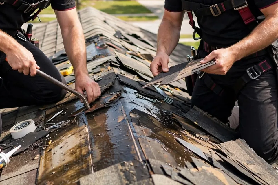 Torn shingles and roofing hand tools Worker using a pry bar on wet, torn shingles along a roof ridge while a second worker holds a piece of shingle